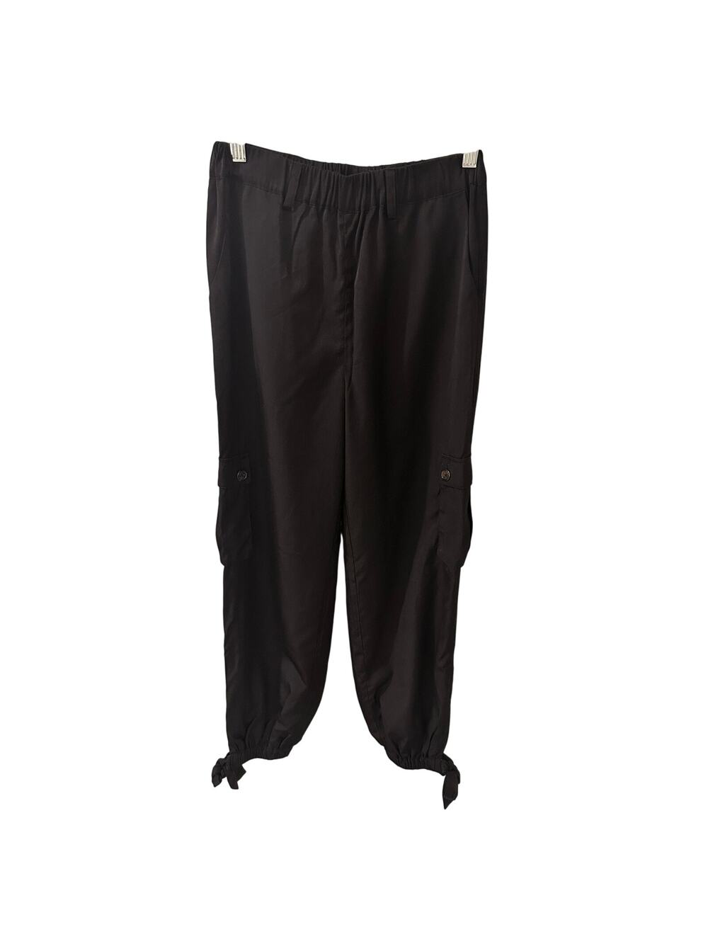 Revolve H:Ours Ankle Tie Cargo Pants Black Satin Pockets, size XS
